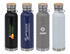 A drink bottle set featuring four vacuum flasks in black, navy, grey, and white, each with wooden lids and a logo.