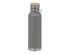 A drink bottle featuring a grey body, wooden lid, and stainless steel base, with a logo on the side.