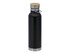 A drink bottle featuring a sleek black finish, a wooden lid, and stainless steel base. It includes a logo.