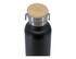 A drink bottle featuring a black stainless steel body, a wooden lid, and a metal clasp for secure closure.