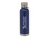 A drink bottle in navy blue with a wooden lid and a metal base, featuring a logo on the side.