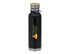 A drink bottle with a black finish, stainless steel base, and a wooden lid featuring a logo.