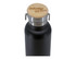 A drink bottle in black with a silver lid and a wooden top featuring a logo.