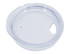 A clear, circular lid designed for a travel mug, featuring a small opening and a handle.
