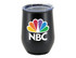 A black double wall travel mug featuring a logo and a transparent lid, suitable for beverages on the go.