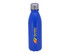 A drink bottle in blue aluminium with a silver cap, featuring a logo on the front.