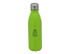 A drink bottle in vibrant green with a silver cap and a logo on the side.