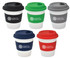 A set of five reusable ceramic mugs in navy, green, red, grey, and black, each with a matching silicone lid and branding.