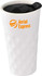 A white ceramic mug with a textured design and a black lid, featuring a logo.