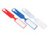 Three luggage tags in red, blue, and white, featuring a blank area for writing contact information. Each tag has a circular hole.