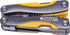A multi-tool in grey and yellow with a logo, featuring various tools and a compact design.