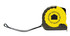 A yellow tape measure with a black casing and a logo, featuring a retractable mechanism and a hand strap.