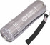A silver mini torch featuring multiple LED lights, a keyring attachment, and a textured grip. It has a branding logo.