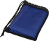 A blue microfibre towel enclosed in a black mesh pouch with a drawstring closure.