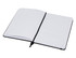 A black A5 notebook with lined pages, featuring a ribbon bookmark and a logo on the cover.