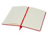 A red A5 notebook with lined pages and a ribbon bookmark, featuring a logo on the cover.