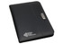 A black A5 portfolio featuring a textured surface and a metallic clasp, with a logo on the front.