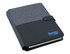 A black and charcoal A5 portfolio with a textured cover and a logo.