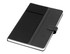 A black notebook with a textured cover, featuring a closure and a pocket on the front.