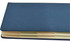 A blue A5 notebook with a textured cover and multiple internal sections. Features a logo on the cover.