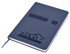 A navy A5 notebook with a fabric cover, featuring an elastic band and a logo on the front.