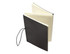 A black and white A5 notebook featuring lined and blank pages, with a black elastic closure and a branded logo.