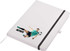 A white A5 notepad with an image of a soccer player and a black elastic band. It features a logo on the front.