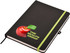A black A5 notepad with a green elastic band and a logo featuring a red apple.