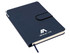 A navy A5 notebook with a textured cover, an elastic band, and a ribbon bookmark. It features a logo on the front.