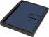 A navy A5 notebook in a black cardboard box, featuring a simple flap closure and a branding logo.