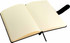 An open A5 notebook with lined pages, featuring a black cover and ribbon bookmark. 