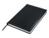 A black A5 notebook with a textured cover and a ribbon bookmark. The pages are white and unmarked.
