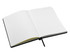 An open black A5 notebook featuring lined pages and a ribbon marker.