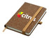 A bonded leather notebook with a textured brown cover and an elastic band, featuring a logo on the front.