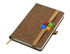 A brown bonded leather notebook with a clasp and a logo on the front, featuring an elastic closure.