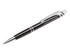A metal pen in black with a textured grip and shiny chrome accents, featuring branding on the barrel.