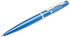A blue metal pen with a sleek design, featuring a silver clip and a logo on its body.