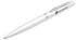 A metal pen in a sleek silver finish with a clip and branding on the side.