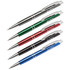 Four metal pens in black, green, red, and blue, featuring a logo on each pen.