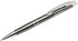 A metal pen in a sleek silver design with a chrome clip and grip, featuring a branding logo.