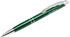 A metal pen with a shiny green barrel and chrome accents, featuring a branding logo.