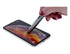 A silver stylus pen tapping on a smartphone screen, showcasing its sleek design and functionality.