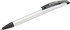 A silver plastic pen with a black tip and clip, featuring a logo on the clip.