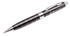 A metal pen featuring a black and silver design with a sleek finish and a logo.