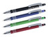 A set of four stylus pens in black, blue, green, and red, each with a shiny silver clip and branding.