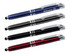 A set of four stylus pens in blue, black, silver, and red, featuring chrome details and a logo.