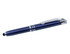 A blue stylus pen with chrome accents, featuring a smooth design and a tapered tip.