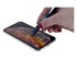 A blue stylus pen is being used on a smartphone screen, with a hand holding the pen. The phone displays a vibrant graphics.