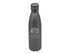 A drink bottle featuring a sleek stainless steel design in grey, with a logo on its surface.