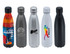 A drink bottle collection featuring five vacuum flasks in various colours, including painted, silver, and black finishes.